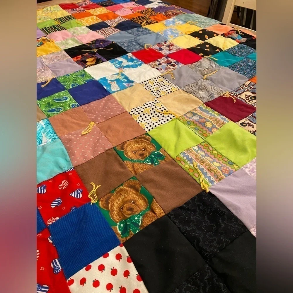 Patchwork Tied Cottagecore Quilt w/a Winter Blue Snowman Scene on Backside